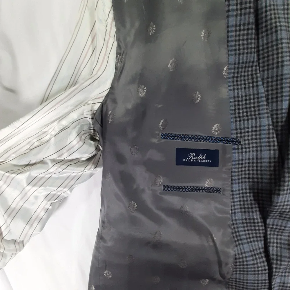 Lauren Ralph Lauren Blazer 52R Silk Wool Plaid Gray Blue‎ Sport Coat Men Big
